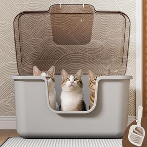 Oneluck Large Cat Litter Box with Transparent Covered,Mat and Scoop, Convenient for Observing Cats, Front Door Flap for Privacy, Gray