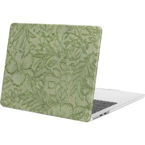 MOSISO Compatible with MacBook Air 13 inch Case 2025 2024 2023 M4 A3240 M3 A3113 M2 A2681, Embossed Retro Hibiscus Texture PU Leather Coated Hard Shell Cover for MacBook Air 13.6 inch Case, Green