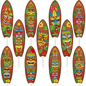 Tiki Surfboard Cupcake Toppers 36pcs Tiki Totem Cupcake Decoration Hawaiian Luau Party Supplies for Aloha Themed Party Beach Supplies