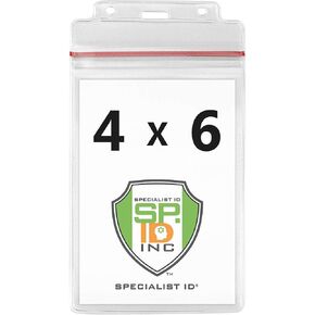5 Pack - Extra Large Waterproof Badge Holder - 4 X 6 Inch Passport Size - Heavy Duty with Resealable Zip Top Closure - Clear Plastic 4x6 Vertical Holders by Specialist ID (Great for Cruise Essentials)