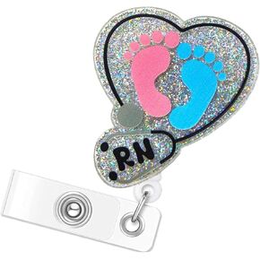 Baby Feet RN Nurse Badge Reel for Labor and Delivery L&D Nicu Postpartum OB Medical Assistant Nursing Students, Badge Reels Retractable with Alligator Clip for Name Tag ID Card