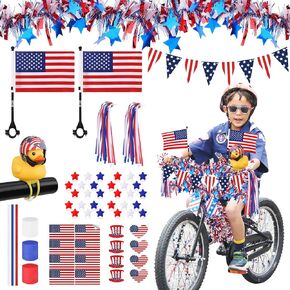 4th of July Bike Decorations for Kids - Parade Patriotic Bicycle Decor, Red White Blue Bike Tassels Streamers, Tinsel, Rubber Duck, Wheel Spokes Beads, American Flags for Independence Day Party Favor