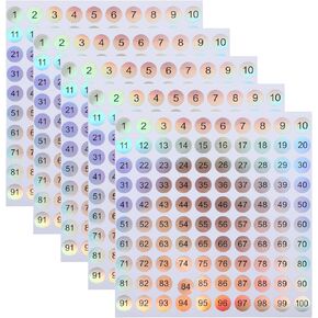 5 Sheet Small Number Stickers, Laser Number Stickers 1-100, Round Reflective Numbered Sticker Small, Self-Adhesive Numbered Sticker for Office Home Kitchen Classroom