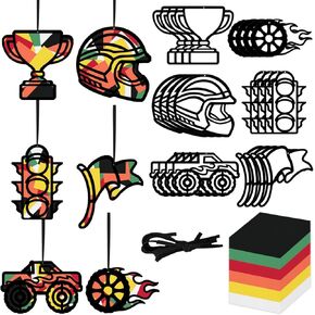 Race Car Tissue Paper Craft Kit Racing Handmade Paper Cardboard Race Car DIY Art Crafts for Home School Classroom Birthday Party Decorations Supplies Window Stained Glass Effect Art Supplies