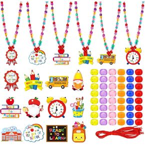 24 Set Welcome Back to School Craft Kit, DIY First Day of School Bead Necklaces Apples Bus Pencil Books Crafts Gifts for Kids Classroom Activity Supplies Party Favor