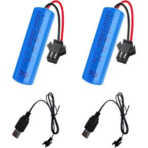 3.7V 500mAh Rechargeable Li-ion Battery SM-2P Plug with USB Chargers, 2Pack 3.7 Volt Rechargeable Battery for Remote Control Cars, Electric RC Toys, Remote Control Equipment, Power Tools and More