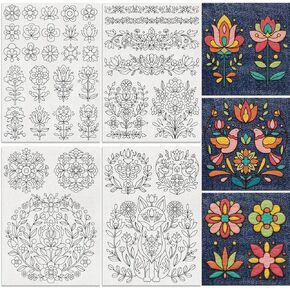 35Pcs Flower Folk Art Water Soluble Hand Sewing Stabilizers, 8.3"x11.7" Abstract Folk Flowers Embroidery Pattern Stabilizer, 4 Sheets Vine Stick and Stitch Embroidery Paper Sticker