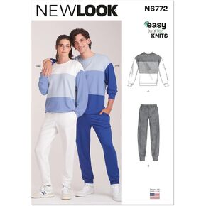 New Look Unisex Knit Sweatshirt and Cuffed Jogger Pants Sewing Pattern Packet, Design Code N6772, Sizes S-M-L-XL-XXL, Multicolor