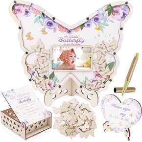 66 Pcs Baby Shower Guest Book Alternatives Set Butterfly Guest Book Baby Shower Guestbook with Photo Frame Baby Sonogram Frame with 60 Butterfly Wood Slices for Birthday Reception (Butterfly, Purple)