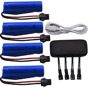 Blomiky 4 Pack 3.7V 500mAh Lithium Rechargeable SM2P Battery and Charger for Amphibous RC Stunt Car RC Boat /C63 Battery *4