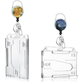 2 Pack Hard ID Badge Card Holder, Horizontal or Vertical Heavy ID Card Holder with Keyring and Clip Thumb Slot Clear Card Protector Hard Plastic Card Case for Keychain Office School