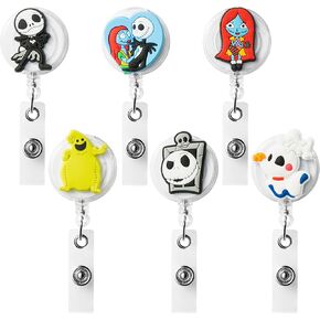 6PCS Jack and Sally Badge Reels Holders Halloween Jack Retractable ID Card Badge with Metal Clip Horror Cartoon Skull Name Nurse Badge Reel Clip on Name Tag Holders for Student Office Staff