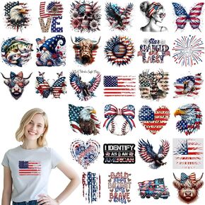 30 Sheets Patriotic Iron on Transfers 4th of July USA Flag Eagle DTF Transfers, Heat Transfer Vinyl Decals for T-Shirts Hats Bags, Independent Day DIY Crafts Washable Stickers