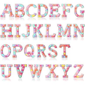 Lyrow 26 Pcs Candy Rainbow Preppy Pearl Letter Patch Set A-Z Iron-on Rhinestone Alphabet Clothing Glitter Pearl Sewing Appliques Alphabet Embroidery Patches Self-Adhesive Patches DIY Supplies