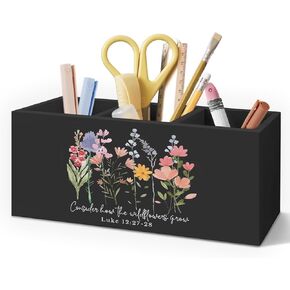 Floral Christian Wooden Pen Pencil Holder for Desk Accessories, Consider How the Wildflowers Grow Bible Verse Wildflowers Wood Makeup Brush Toothbrush Holder Organizer for Vanity Bathroom
