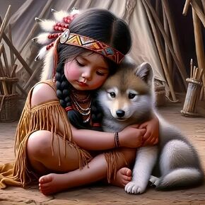 5D Diamond Art Kits for Adults Beginners Indian Girl Wolf，DIY Full Round Drill Diamond Painting Kits, Paint by Diamonds Dots Gem Art Crystal Easy，Home Wall Decor 13.78X13.78 Inch