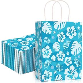 Kolldenn 24 Pcs Hawaiian Tropical Gift Bags Cartoon Anime Theme Luau Goodie Bags with Handles Floral Hibiscus Hawaiian Welcome Pouches for Summer Luau Birthday Party Favor, 8.3 x 5.9 x 3.1''(Bright)