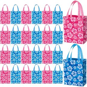 Sweetude 24 Pcs Cute Cartoon Hibiscus Hawaii Party Favor Bags Pink Blue Non-woven Goodie Candy Gift Bags with Handles for Hawaiian Summer Tropical Luau Birthday Party Baby Shower Supplies