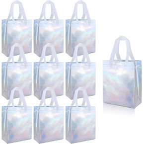 10 Pack Holographic Gift Bags With White Handles Non Woven Reusable Handled Gift Bags Iridescent Tote Bags Glossy Welcome Bags for Shopping Birthday Party Wedding, 8 x 4 x 10 Inch