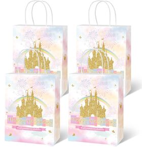 Lecheme Princess Birthday Gift Bags 24 Pcs Rainbow Castle Crown Treat Bags with Handles Candy Goodie Bag Decorations for Girl Princess Birthday Party Supplies