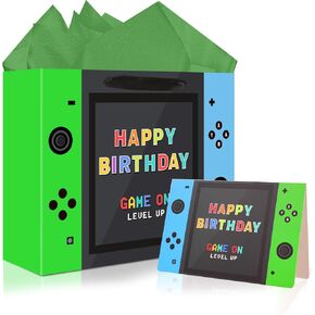 JOCOPUERTO Video Game Birthday Gift Bag, 13 inch Large, with Tissue Paper and Card