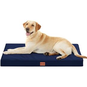 XL Orthopedic Waterproof Dog Bed with Plastic Liner, Washable Pet Beds with Removable Cover, Navy Blue Egg Crate Foam Puppy Mat