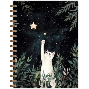 Starry Night Cat Spiral Notebook 5.5x8.3, Mystical Celestial Botanical Cat Journal, Cats Lover Mom Lady Gifts Journals for Writing, Cute White Kitten Notebooks for Note Taking
