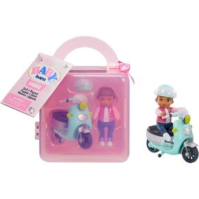 Baby Born MINIS Playset - Medium Tan Skin Tone Doll with Brown Eyes, Scooter & Helmet Accessory, Includes Reusable Carrying Case for On-The-Go Playtime