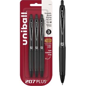 Uniball 207+ Black Retractable Gel Pens 3 Pack with Medium 0.7mm Points, Uni-Ball Click Pens are Fraud Proof and the Best Office Pens, Nursing Pens, Business Pens, School Pens, and Bible Pens