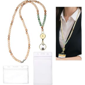 Beads Retractable Lanyard with ID Holder Wooden Beads lanyards for id Badges for Women, Teacher Lanyard with id Holder