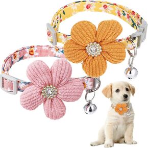 2Pcs Small Dog Collar with Flower Puppy Collar for Girl Dog Collars for Small Dogs Cute Unique Collars with Bell Distinctive Patterns Adjustable Length (Pink Yellow)