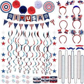 67 Pcs 4th of July Accessories Set Favors Patriotic Party Decorations with USA Flags Banner Eyeglasses Bracelets Hanging Swirls Necklace Star Streamer Paper Fans for Independence Day