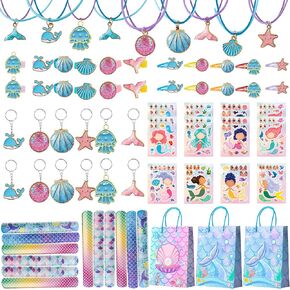 84pcs Mermaid Birthday Party Favors with Fish Birthday Rings Keychain Slap Bracelets Bags Hair Clips Necklace etc for Mermaid Birthday Decorations Supplies