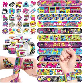 60 PCS 80s 90s Party Favors Set - 36 Temporary Tattoos & 24 Slap Bracelets for Kids, Perfect for 90s Party Decorations, Classroom Rewards and Retro-Themed Birthday Supplies