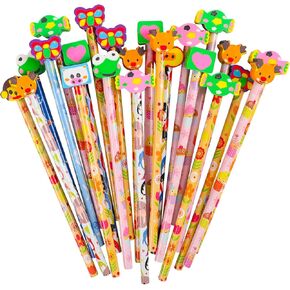 LOKIPA 24PCS Fun Cute Pencils, Assorted Colorful Cartoon Animal Pencil with Erasers Toppers Bulk Pencils for Kids School Supplies and Children Prize Gifts（Random Style