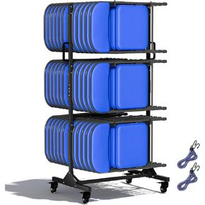 Folding Chair Rack, Adjustable 3-Tier Folding Chair Storage Cart for 30 Chairs 400 LBS Capacity with Swivel Casters, Securing Straps and Removable Bottom Hanger for 6-Table Storage.