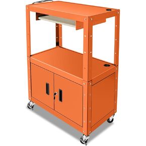 Auto Dynasty Height Adjustable Rolling AV Cart with Locking Storage Cabinet and Pullout Keyboard Tray for Projector, Printers, Laptop Computers, 4 Wheels, 4' Cord, 3 Outlets, 2 USB Ports (White)