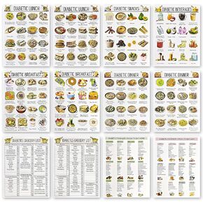 8.5’’ x 11’’ Diabetes Food List, 12 Pcs Healthy Diet Canvas for Diabetes Meal Chart Information Diet Plan Breakfast, Lunch Dinner & Meals for Blood Sugar Control