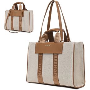 Elegant Canvas Pu Laptop Tote Bag, Large Capacity Tote Handbags for Women, High-Grade Sense Business Handbag Work Briefcase for white-collar worker commuter, Beige/Brown