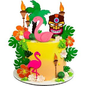 25 PCS Flamingo Cake Toppers Summer Hawaiian Cake Decoration with Cute Pink Clay Flamingo for Hawaiian Aloha Themed Party Supplies