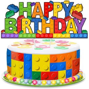 Building Blocks Cake Topper, Colorful Paper Birthday Decorations for Kids – 1Pack Reusable Cake Picks for Boys Girls Party Supplies