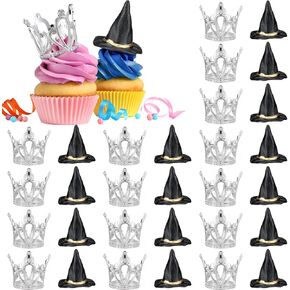36 Pcs Witch Hat Cupcake Topper Crown Cupcake Topper Bad Witch Birthday Party Decorations Black Tiny Wizard Hats Silver Crown Cake Decor for Birthday Party Supplies Crafts Accessories