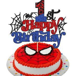Gyufise 1Pcs Spider Happy 5th Birthday Cake Topper Red Blue Glitter Baby Shower Party Cake Decoration for Spider Themed Birthday Anniversary Party Supplies