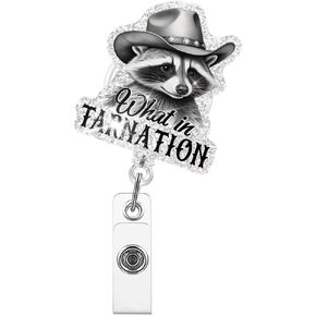 What in Tarnation Badge Reels Retractable Glitter with Clip, Funny Retro Western Raccoon Badge Holder for Nurse Doctor, Cowboy Raccoon Gifts for Medical Office Worker Teacher