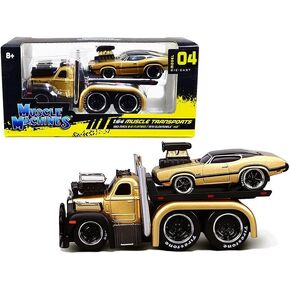 1953 Mack B-61 Flatbed Truck Gold and 1970 Oldsmobile 442 Gold with Black Top and Stripes Muscle Transports 1/64 Diecast Model Cars