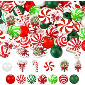 Qunclay 200 Pcs Christmas Wooden Beads Peppermint Candy Canes 16 mm Red Green Crafts Beads for Crafts Jewelry Making Garland Necklace Earring Bracelet Tree Home Decor