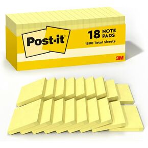 Post-it Notes, 3 in x 3 in, 18 Sticky Notes Pads, 100 Sheets per Pad, The Iconic Canary Yellow Note, Back to School Supplies and Oﬃce Products