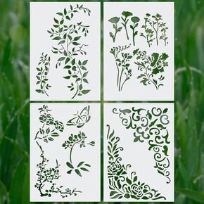 4pcs Leaf Vine Stencils, 8.27x11.61in Leaves Template Flower Texture Stencils Floral Spring Template Nature Plant Decorative Stencils for Painting on Wood Drawing Canvas DIY Craft Home Decor Wall Art