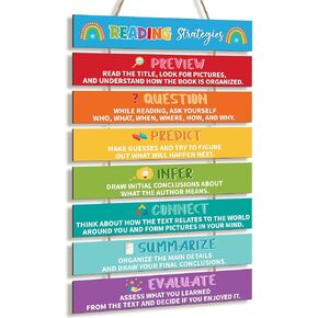 Threehoney Reading Strategies Posters Reading Classroom Library Decorations 20x13 First Day Back to School Wall Decor Read Corner Wooden Sign for Middle Preschool Daycare Elementary Teacher Supplies