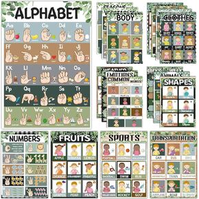 gisgfim 18 Pieces America Sign Language Poster ASL Charts ASL Study Poster for Classroom ASL Posters Sign Language for Toddlers Kids Students Classroom Decor (Eucalyptus)